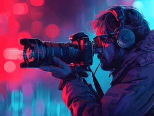 Illustrate the artistry of side view videography through a digital illustration of a professional filmmaker manipulating lenses on a compact cinema camera