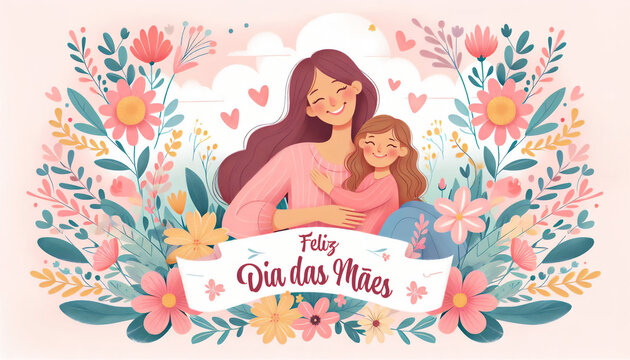 P&ocirc;ster de parab&eacute;ns pelo Dia das M&atilde;es, ilustra&ccedil;&atilde;o em estilo aquarela. Happy Mother's Day. Feliz Dia das M&atilde;es no Brasil