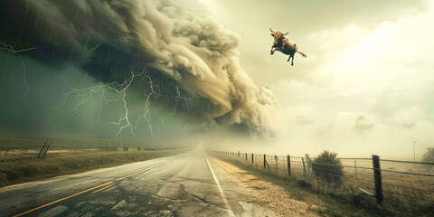 A cow fly over the road in a surreal photo. Animal freedom feeling