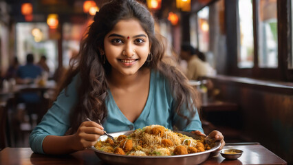 A girl eating biriyani in restaurant 