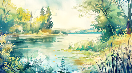 Obraz premium Beautiful outdoor nature scenery with mountains in summer. Watercolor landscape illustration.