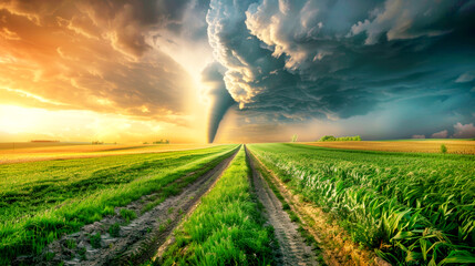 Fototapeta premium A tornado, gray clouds, a field and rural house. Landscape with storm.