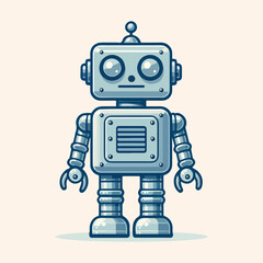 Vector illustration of a whimsical, retro-style robot with friendly face featuring two eyes and a pair of antennas. Perfect for children books, nostalgic projects, and science fiction themes.