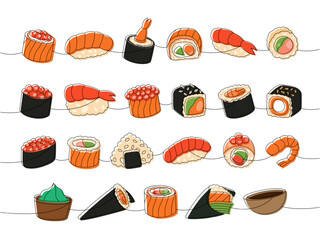 Seafood sushi rolls. Japanese traditional food one line drawing. Ikura sushi, tobiko maki, philadelphia roll, onigiri, shrimp nigiri, tekkamaki tuna