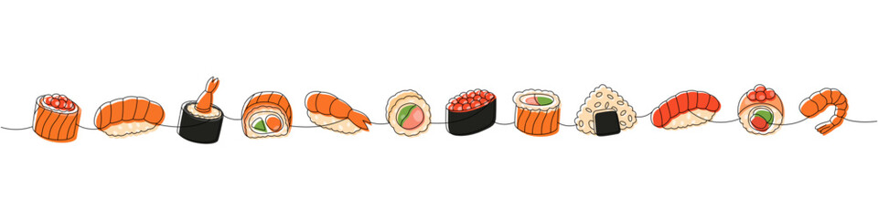 Sushi foods collection. Japanese traditional food one line drawing. Ikura sushi, tobiko maki, sake nigiri, philadelphia roll, futomaki, onigiri