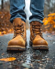 Close-up of a person wearing leather shoes and old jeans walking alone on the sidewalk. Suitable for the concept of unemployment, going on adventures, independence, Finding myself, seeking experience.