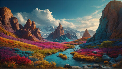 A creative and imaginative rendering of a colorful landscape, with a mix of realistic, Generative AI