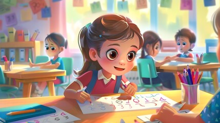 Fototapeta premium Bright Young Student Diligently Writing Numbers in Cheerful Classroom Scene