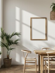 Frame mockup. Wooden dining table and chairs with white wall in the background. Modern dining room home interior, 3d render,