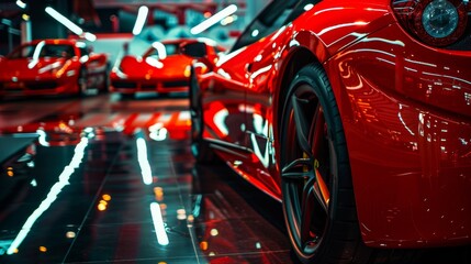 A red sports car is parked inside a garage with a shiny finish