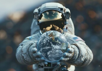 Astronaut holds Earth in 3D sci-fi art. Elements included
