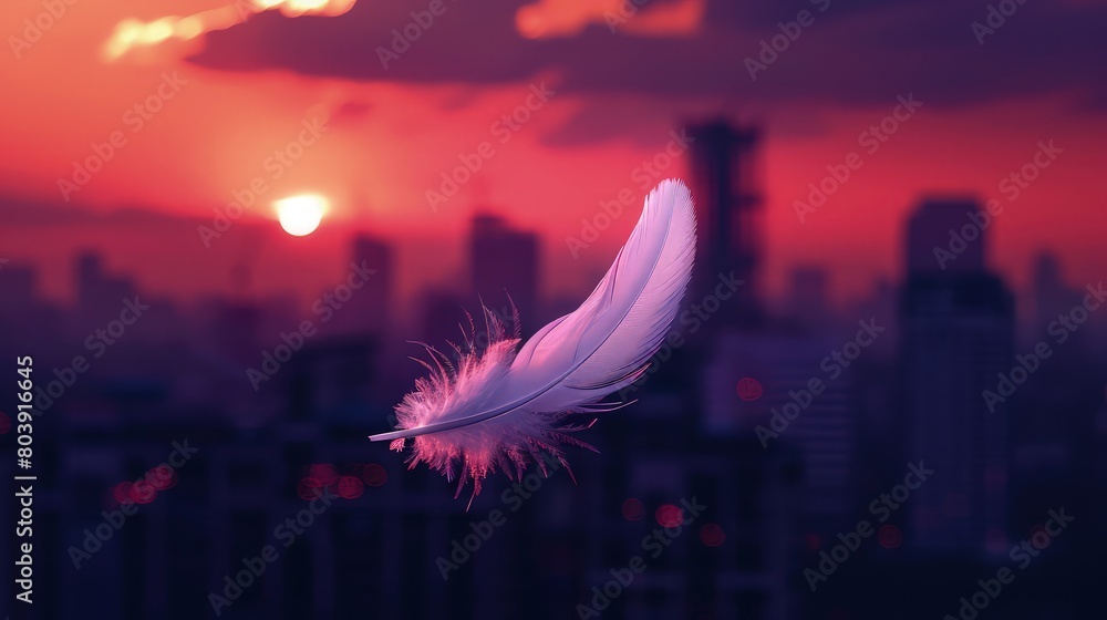 Poster a single bird feather gracefully drifting in the warm glow of the setting sun, casting a soft shadow