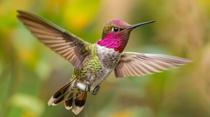 Fototapeta premium A hummingbird flying in the air with its wings spread wide