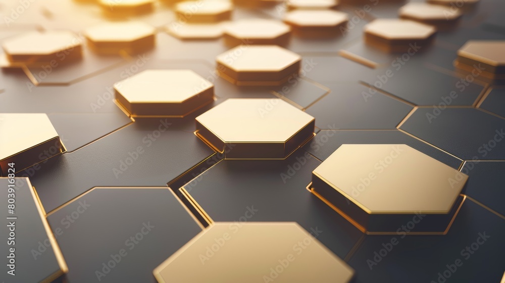 Poster close-up view of a cluster of gold-edged hexagonal tiles reflecting light
