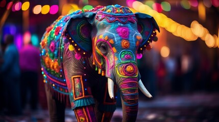 A brightly colored elephant stands in front of a crowd of people at a cultural festival