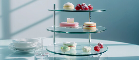  A minimalist three-step empty sweet stand, with sleek metal tiers and glass surfaces, offering a contemporary and elegant display for presenting gourmet desserts, showcased in flawless ultra HD