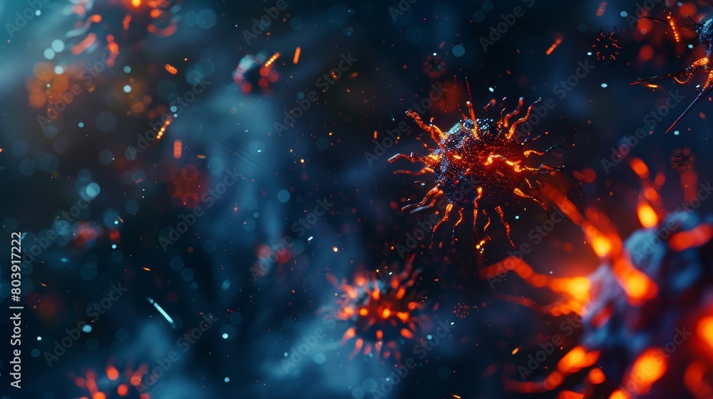Aufkleber artistic representation of virus particles under a microscope with dynamic red and blue lighting.
