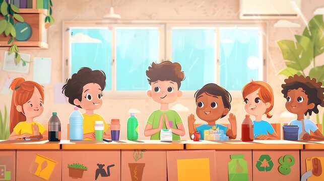 Diverse Children in Colorful Classroom Exploring Environmental Sustainability and Recycling
