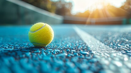 A close-up of a tennis ball on a blue hard court with a white line in the foreground and the blurred background. - Powered by Adobe