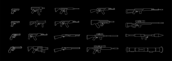 Fototapeta premium Various weapons. Military weapons silhouettes. Tactical assault rifles, smoothbore guns, AK 47, sniper rifles, anti-tank grenade launchers.