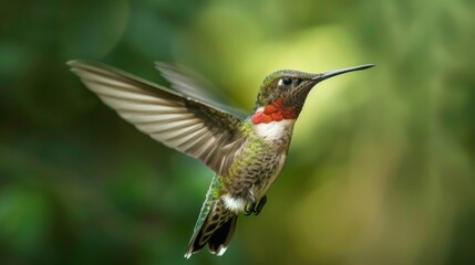 Fototapeta premium A hummingbird flying in the air with its wings spread wide