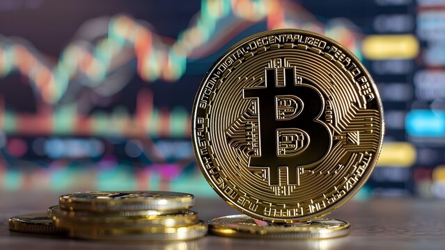 Bitcoin gold coins closeup representing cryptocurrency market crisis and peert. Concept Bitcoin, Gold Coins, Cryptocurrency, Market Crisis, Peer-to-Peer Networks