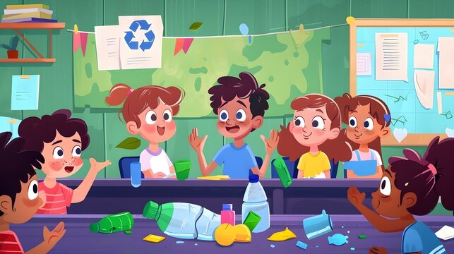 Diverse Group of Children Learning About Environmental Sustainability and Recycling in Vibrant Classroom Setting - Powered by Adobe