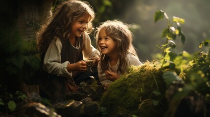 Children play together and laugh in nature 