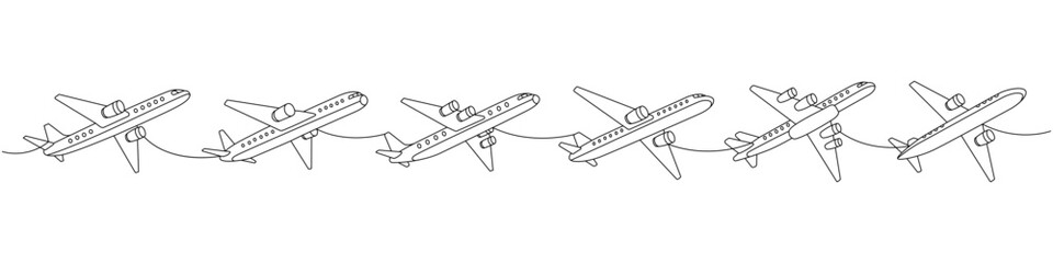 Plane set. Air transport one line continuous drawing. Passenger airplanes continuous one line illustration. Vector minimalist linear illustration