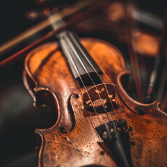 Fototapeta premium violin and bow, violin, ambience classic musical instrument, violin orchestra stock image, close-up violin music image background concept 