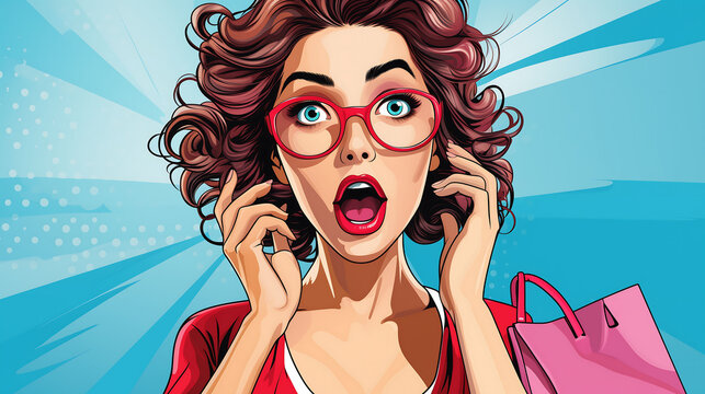 Wow female face Sexy surprised young woman in glasses in pop art retro comic style AI Generated