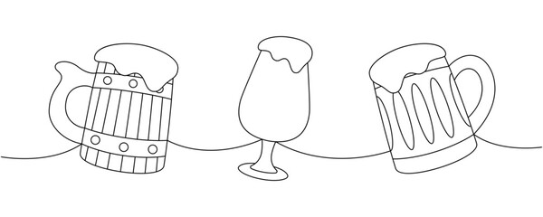 Beer mugs one line continuous drawing. Beer pub products continuous one line illustration. Vector linear illustration.