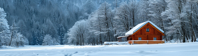 Naklejka premium A cozy cabin nestled in the snowy mountains surrounded by evergreen forests