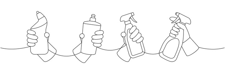 Hands with toilet cleaners one line continuous drawing. Cleaning service tools continuous one line illustration. Vector linear illustration.