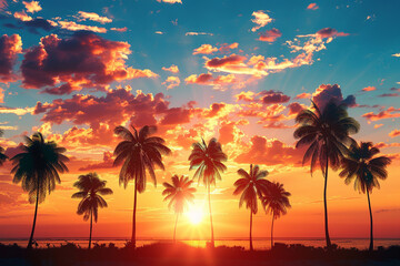 Silhouettes of palm trees stand against the vibrant backdrop of the setting sun, creating a striking contrast