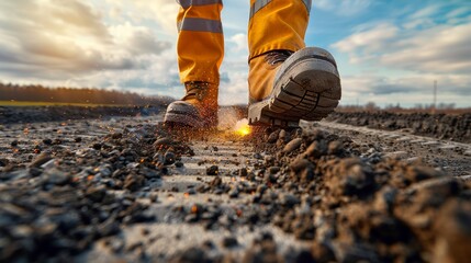 Professional welder in safety gear with flying sparks - skilled metal fabrication work