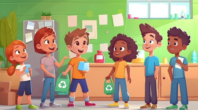 Multiethnic Students Discussing Environmental Sustainability and Recycling in Classroom Setting