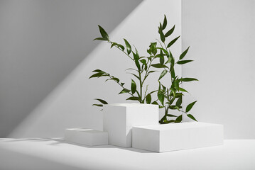 White geometric catwalks for product presentation in a bright space where a green plant grows