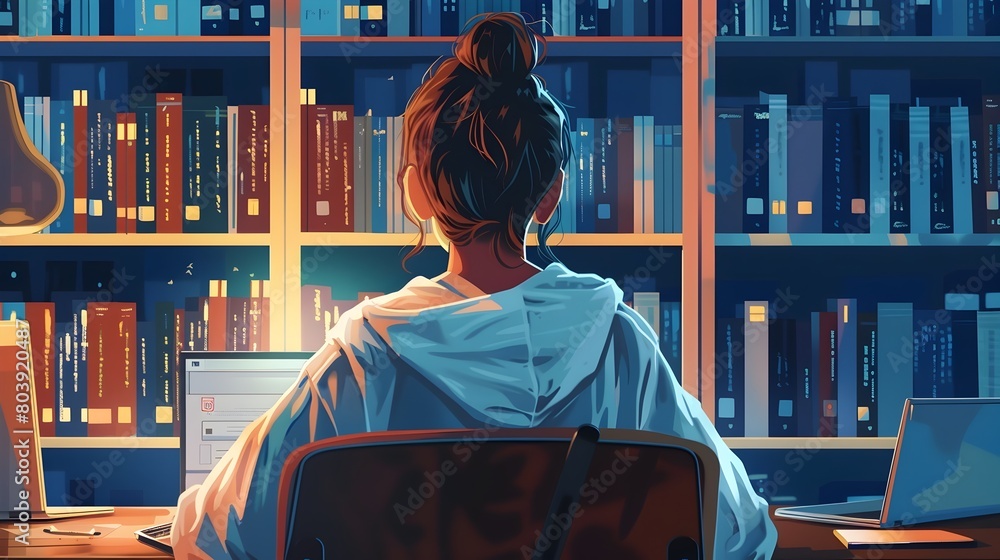 Poster studious college student immersed in engineering studies at library workspace