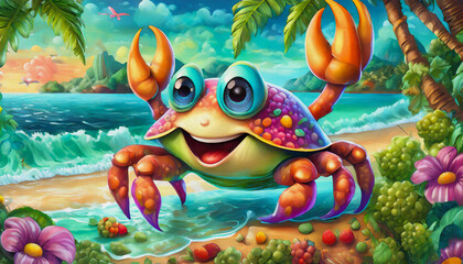 oil painting style CARTOON CHARACTER CUTE Happy crab on the beach isolated on white background Closeup