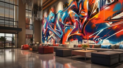 A chic, urban wall featuring a large-scale, graffiti-inspired mural, its vibrant colors and bold lines bringing the energy and creativity of street art indoors. 32k, full ultra hd, high resolution