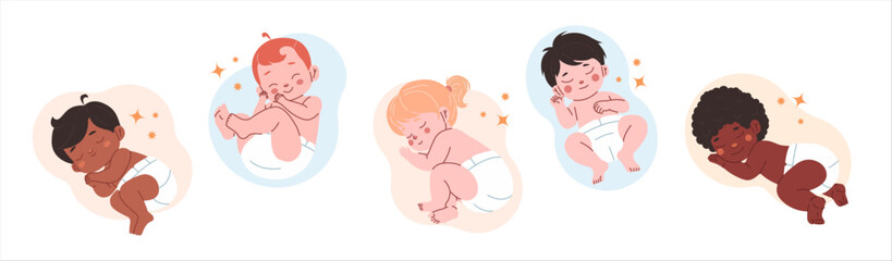 Sleeping babies poses set. Newborns have a dreams collection. Resting infants in diaper on white background. 