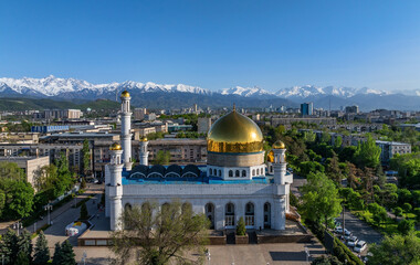 View from a quadcopter of the Central Mosque of the Kazakh city of Almaty on a spring day