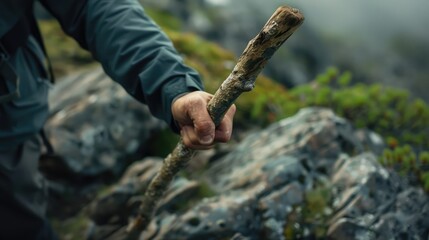 Close-up of a hiker's hand gripping a wooden staff as they navigate rugged terrain and steep inclines on a mountain hike.