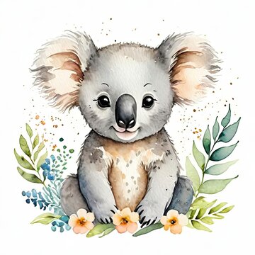 recommend clip art: Digitally drawn illustration of a cute cartoon koala isolated on a white background. Little cute watercolor animals.