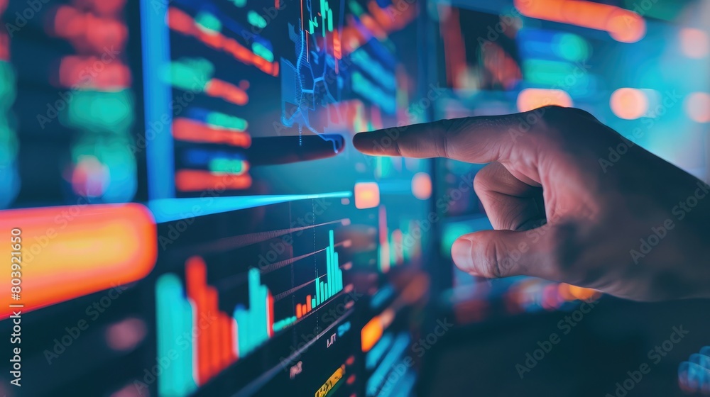 Poster close-up of finger pointing at trading indicator signals on computer monitor, assessing market momen