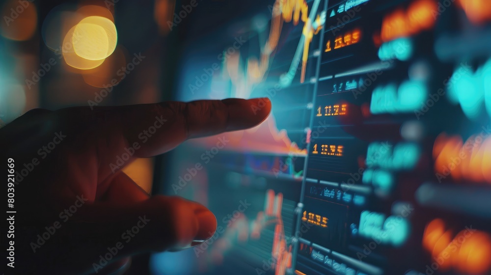 Poster close-up of finger pointing at trading indicator signals on computer monitor, assessing market momen
