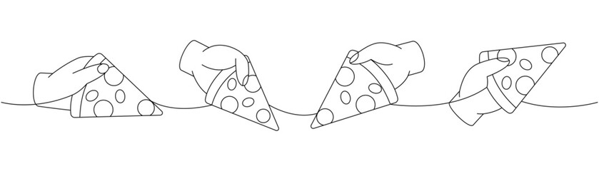 Hands holding a pizza slices one line continuous drawing. Traditional italian fast food continuous one line illustration.