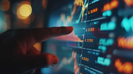 Close-up of finger pointing at trading indicator signals on computer monitor, assessing market momentum for well-timed trades.