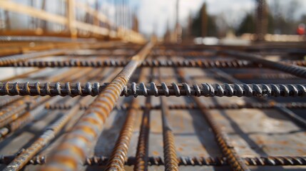 Close-up of steel reinforcement bars neatly arranged at a construction site, essential for structural strength.